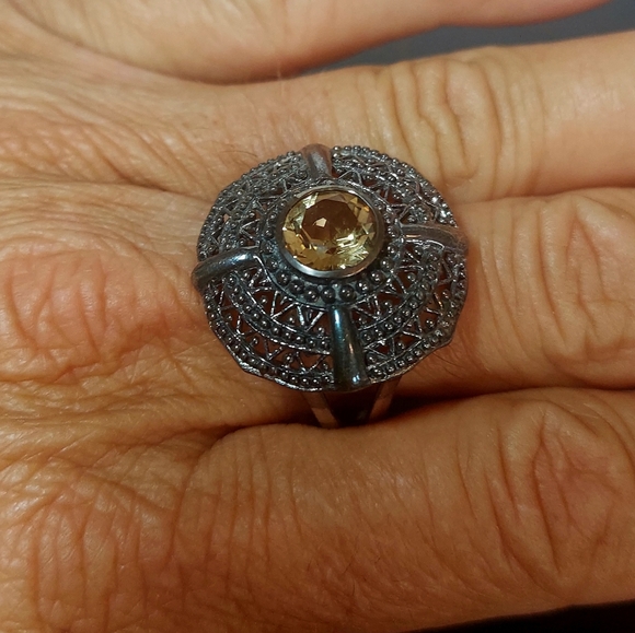 Yellow Topaz Mega Round Filigree Disc Vintage Ring Signed GFJ From Thailand - Picture 3 of 9